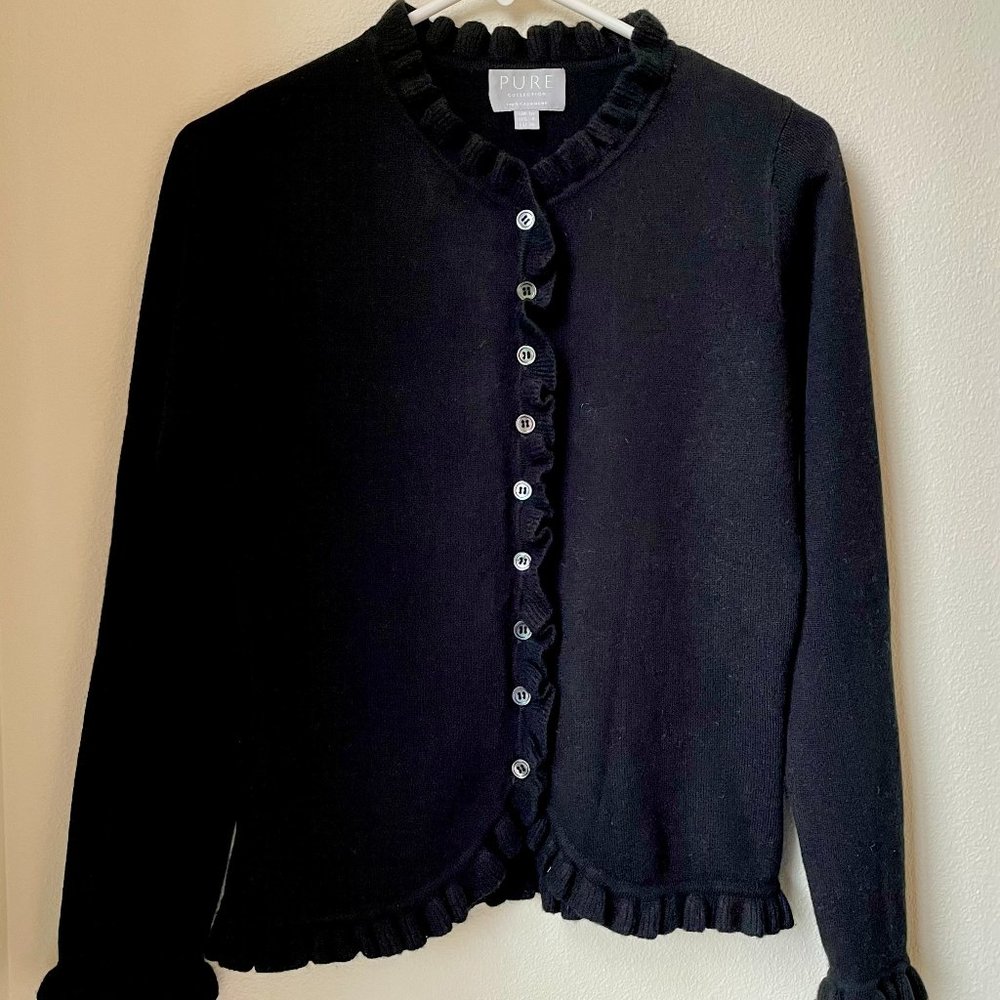 Pure Collection black cashmere ruffled-edge cardigan